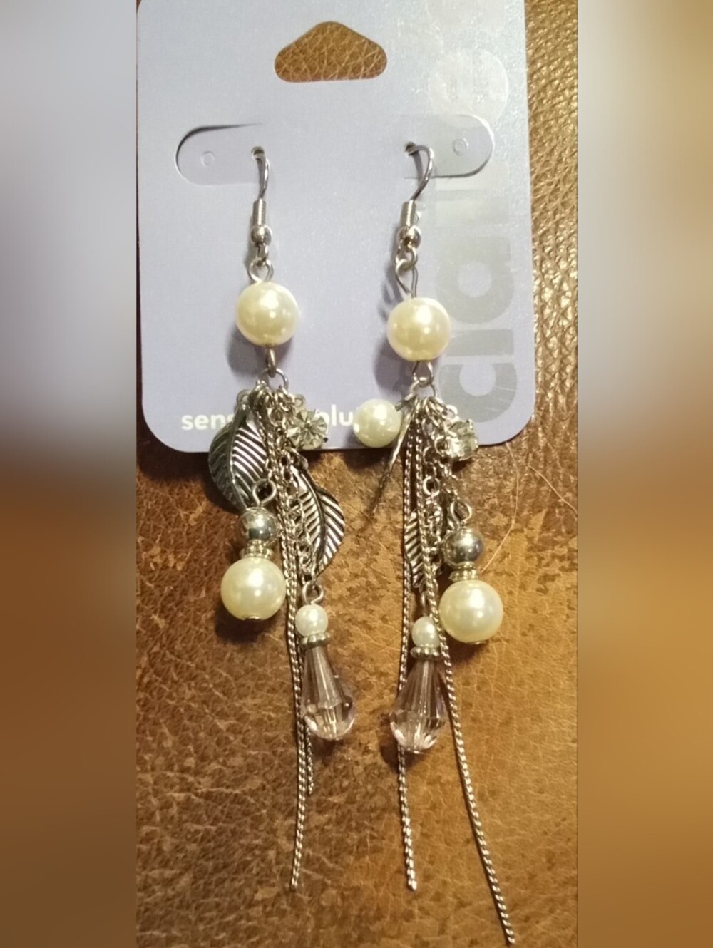 Claire's Silver Leaf and Cream Pearl Dangle Earrings